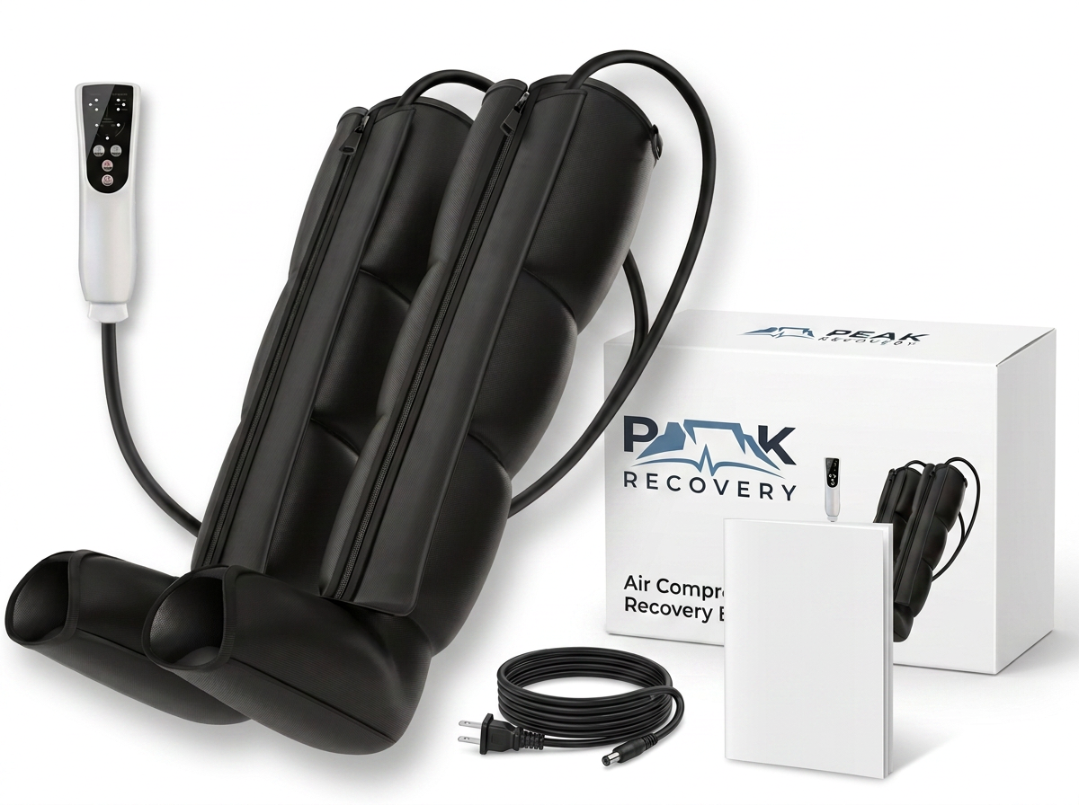 RecoverPro compression recovery boots with the Peak Recovery box, power cable, and user guide
